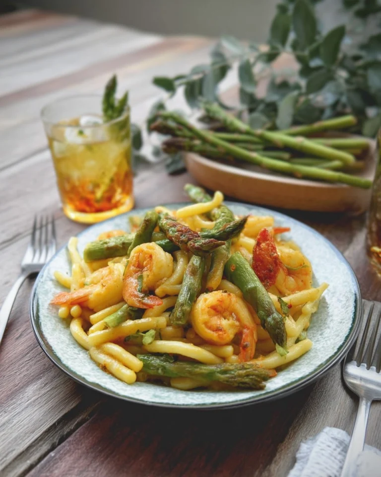 Recette-de-Pates-asperges-crevettes-sauce-au-curry