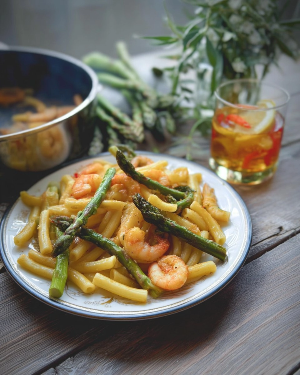 Pâtes asperges crevettes, sauce au curry