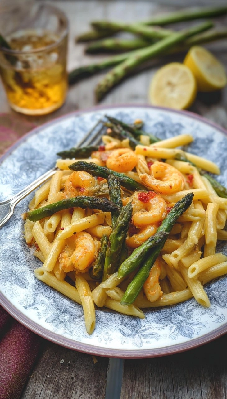 Pâtes asperges crevettes, sauce au curry