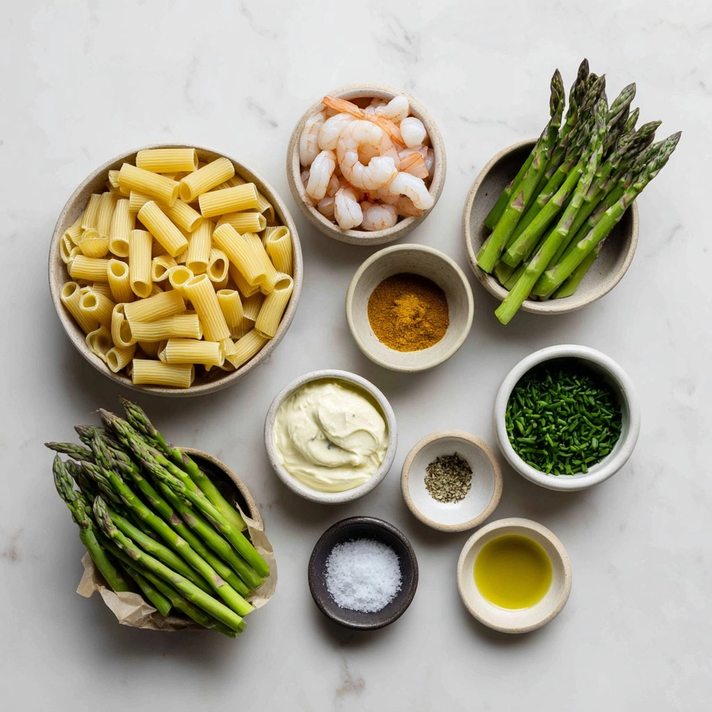 Pâtes asperges crevettes, sauce au curry